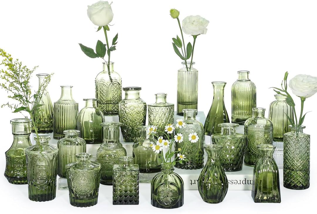 SUPMIND Bud Vase Set of 24, Green Bud Vases in Bulk, Small Flower Vases for Centerpieces, Mini Vintage Vase for Rustic Wedding, Home,Table Decoration
