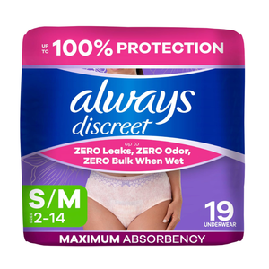 Always Discreet Adult Diapers for Women, Incontinence Underwear, Postpartum Essentials, Disposable Briefs, Max Absorbency, Bladder Leak Protection, Small/Medium, 19ct