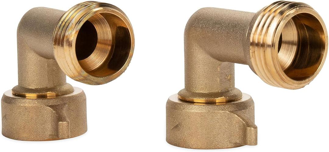 Camco 90-Degree Hose Elbow For RVs Solid Brass Construction Certified Lead-Free Features Convenient Easy Grip Connector For RV Water Hoses, Residential Outdoor Faucets, & More 2-Pack (22507)