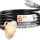 6 ft 16/3 awg 3 Outlet Extension Cord Splitter with Indicator, Waterproof Indoor/Outdoor Extension Cord with Multiple Outlets, 13A 1625W for Home & Workshop, ETL Listed, Flexible Black SJTW