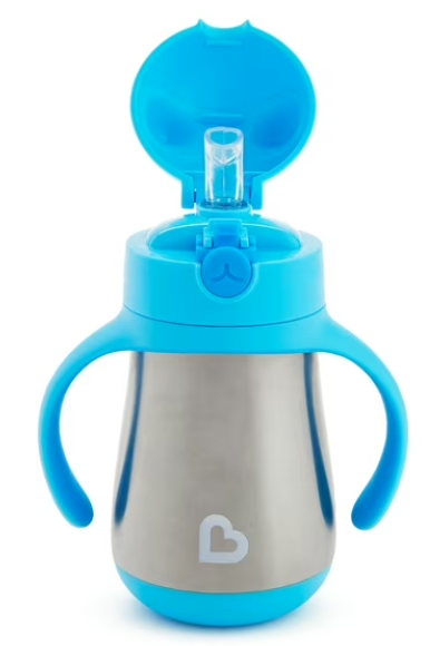 Munchkin Cool Cat Sippy Cup with Straw for Toddlers, Stainless Steel Straw Cup, 8 Ounce, Blue