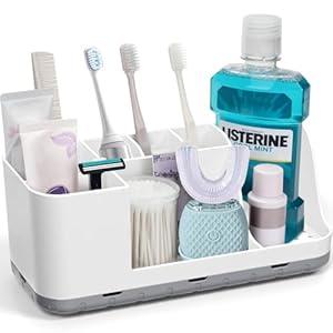 QIYVLOS Bathroom Organizers and Storage, 8 Slots Detachable Toothbrush Holders for Bathrooms, Anti-Slip Bathroom Countertop Organizer with Drainage Hole Vanity Storage (Ivory)