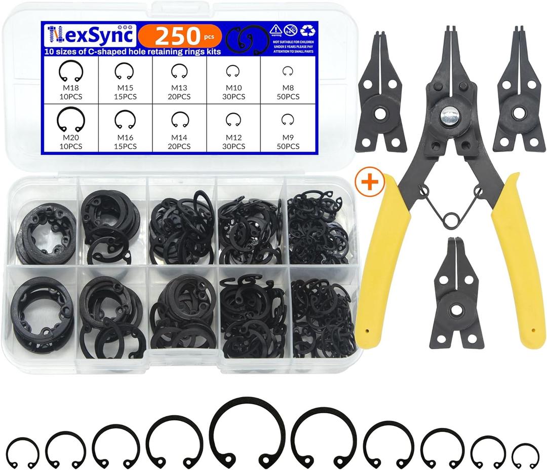 250-Piece C-clip Internal Retaining Rings, Snap Rings Assortment Kit(M8-M20), 1x Spring Tool Pliers with Extra 3 Convertible Jaws