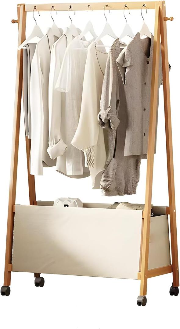 Bamboo Clothing Rack with Top Hanging Garment Rod, 2 Side Hooks & Bottom Fabric Storage Basket and 360 Rotating Wheels, Space-Saving Organizer for toys, Hats, Bags & folded clothes (1 shelf)