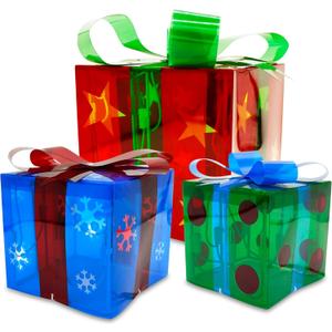 JOIEDOMI Set of 3 Christmas Lighted Gift Boxes Valentine's Day Decorations, Star Pre-lit Present Boxes for Christams Tree, Yard, Home,Gift Box Decorations
