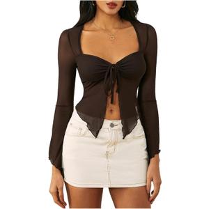 WDIRARA Women's Long Sleeve Front Tie Top Sexy Mesh Bell Sleeve Shirt (Medium, Coffee Brown)