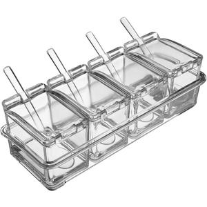 Clear Seasoning Box, 4 Pieces Acrylic Seasoning Rack Spice Jars with Spoons,Storage Container Condiment Jars - Cruet with Cover