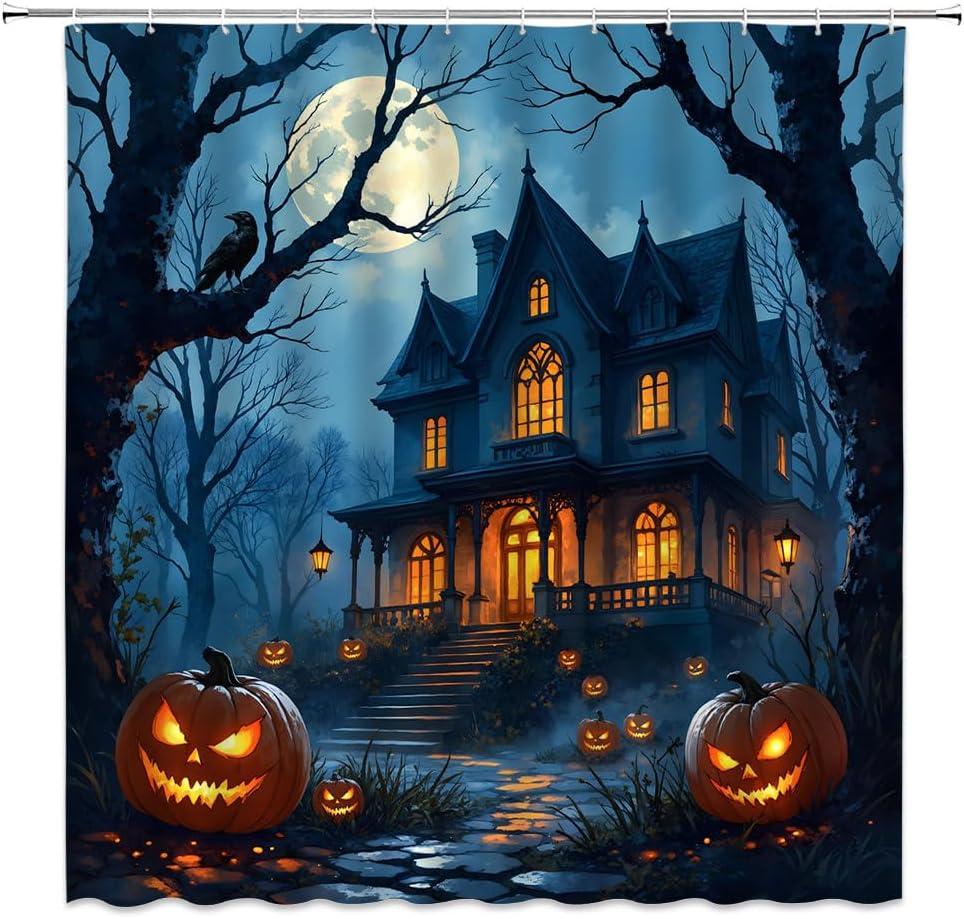 Spooky Halloween Shower Curtain Gothic Haunted House Pumpkin Lantern Crow Black Tree Full Moon Night Courtyard Scene Bathroom Decor Polyester Curtains with Hooks, 70Wx70L