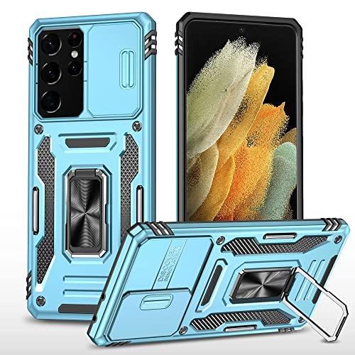 CHLINGNAN for Samsung Galaxy S21 Ultra Case with All-Angle Rotating Kickstand & Sliding Camera Cover - Heavy Duty Shockproof Protective Cover, Blue