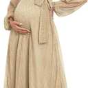 2025 Maternity Sparkly Mesh Maxi Flowy Dress with Belt Long Sleeves Pregnant Long Dress Baby Shower Photoshoot Formal (Small, Gold)