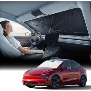 [2026 Upgraded] Nmoiss Windshield Sun Shade Umbrella for Tesla Model Y & Model 3 - [Vinyl Coating Heat Shield] Protect Car from Sun Rays & Heat Damage Keep Cool and Protect Interior