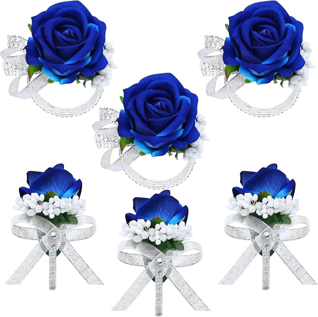 6Pcs Blue Corsage and Boutonniere Set, Artificial Rose Wrist Corsage Bracelets, Men Boutonniere for Wedding Ceremony Decorations Prom Homecoming Party Flower Accessories