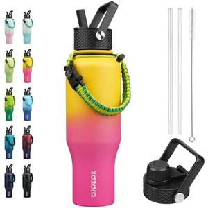 BJPKPK Insulated Water Bottles with Straw Lid, 35oz Metal Water Bottle with 2 lids & Paracord Strap, Double Wall Stainless Steel Vacuum Tumblers, Cups, Thermo for Hot& Cold Drinks, Pink & Yellow Rose
