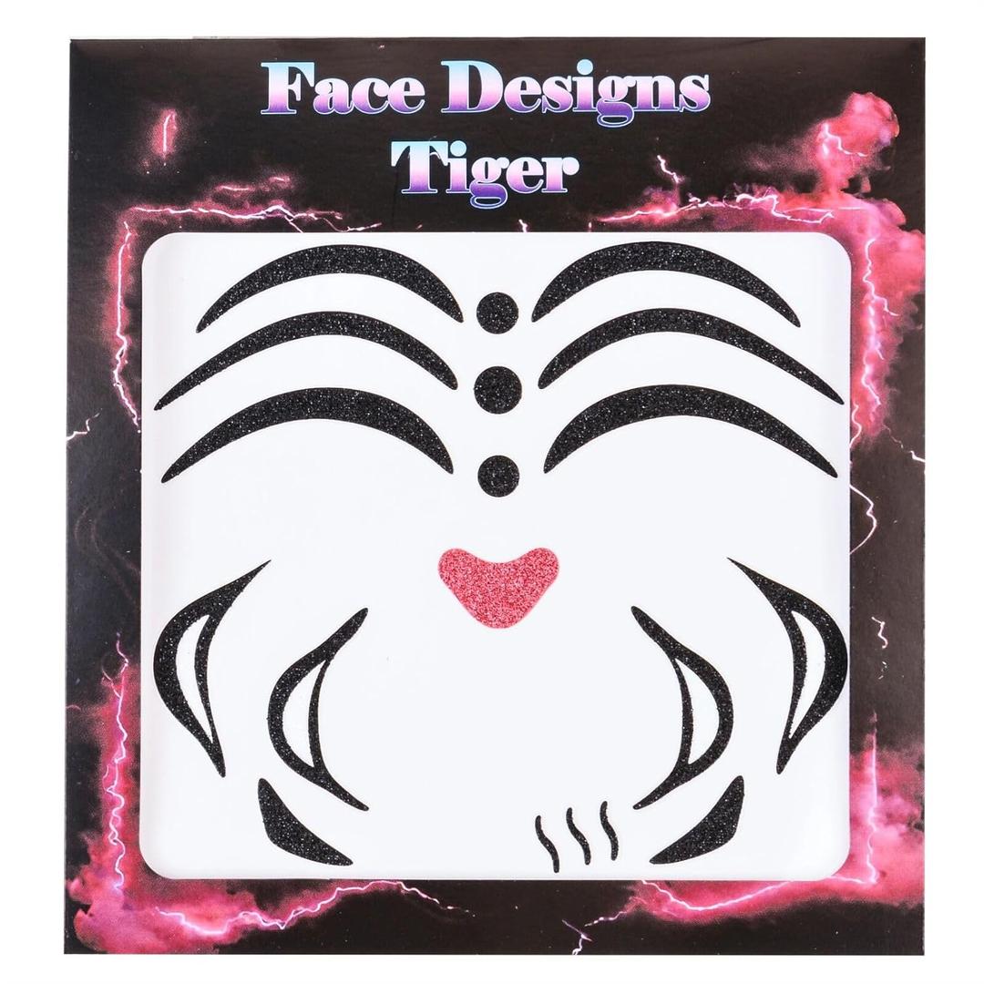 3 x Tiger Face Sticker Set, Black Stripes with Pink Nose Design,Halloween Headpiece Stick On (Black White Pink)