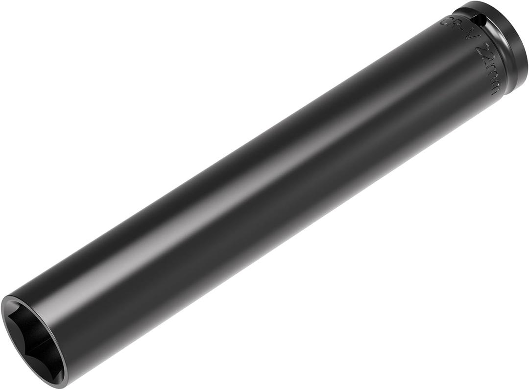 1/2 Inch Drive by 22mm Deep Impact Socket, Heat-Treated CR-V Steel 6 Inch Length, 6-Point Metric Sizes, 22mm-150L