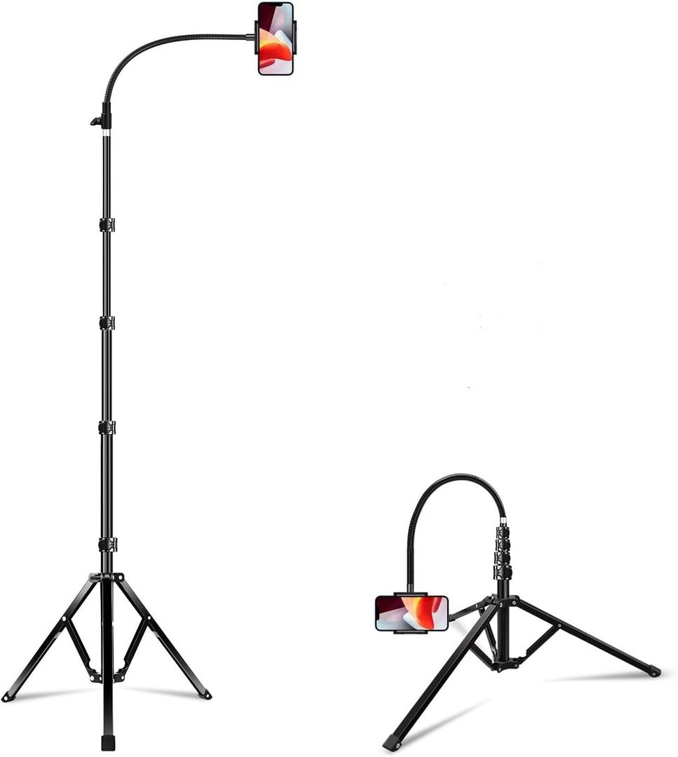 Elitehood 6.7 Feet Tall Phone Tripod, Heavy Duty Metal iPhone Tripod Stand with Remote, 17" Gooseneck Overhead Phone Mount for iPhone 15 14 13 Pro Max / 13 Pro / 13 12 11, Android Cell Phone Black