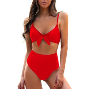 Blooming Jelly Women's High Waisted Bikini Set Tie Knot High Rise Two Piece Swimsuits Bathing Suits (Large, Red)