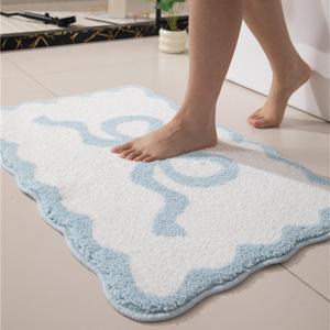 Blue Scalloped Bathroom Mat 32x20, Soft Absorbent Bath Mats, Machine Washable Microfiber Floor Mats for Bathroom Tubs, Sinks and Showers