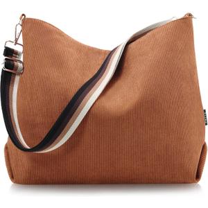 Prite Womens Corduroy Tote Bag with Zipper, Stylish Shoulder Bag with Adjustment Straps for Work, Travel, Daily Use (Brown)