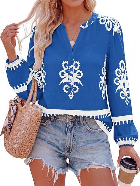 BTFBM Womens Tops Spring Casual Long Sleeve Shirts Button Up V Neck Bohemian Blouses Loose Tunics Vacation Outfits(Lake Blue White Floral,XX-Large)
