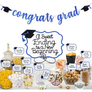 3 x Blue 2026 Graduation Candy Bar Signs Graduation Table Candy Buffet Labels for 2026 Graduation Dessert Food Label Table Party Decorations Blue