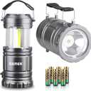 GEMEK 2 x LED Camping Lantern Battery Powered Flashlights Portable 2-in-1 Collapsible COB Lantern Lights for Camping, Car, Shop, Attic, Garage, 6 AA Batteries Included (Gray)