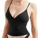 SUUKSESS Women Sexy Deep V Neck Sleeveless Fitted Basic Tops Y2K Tank Top Cami (Black, S)