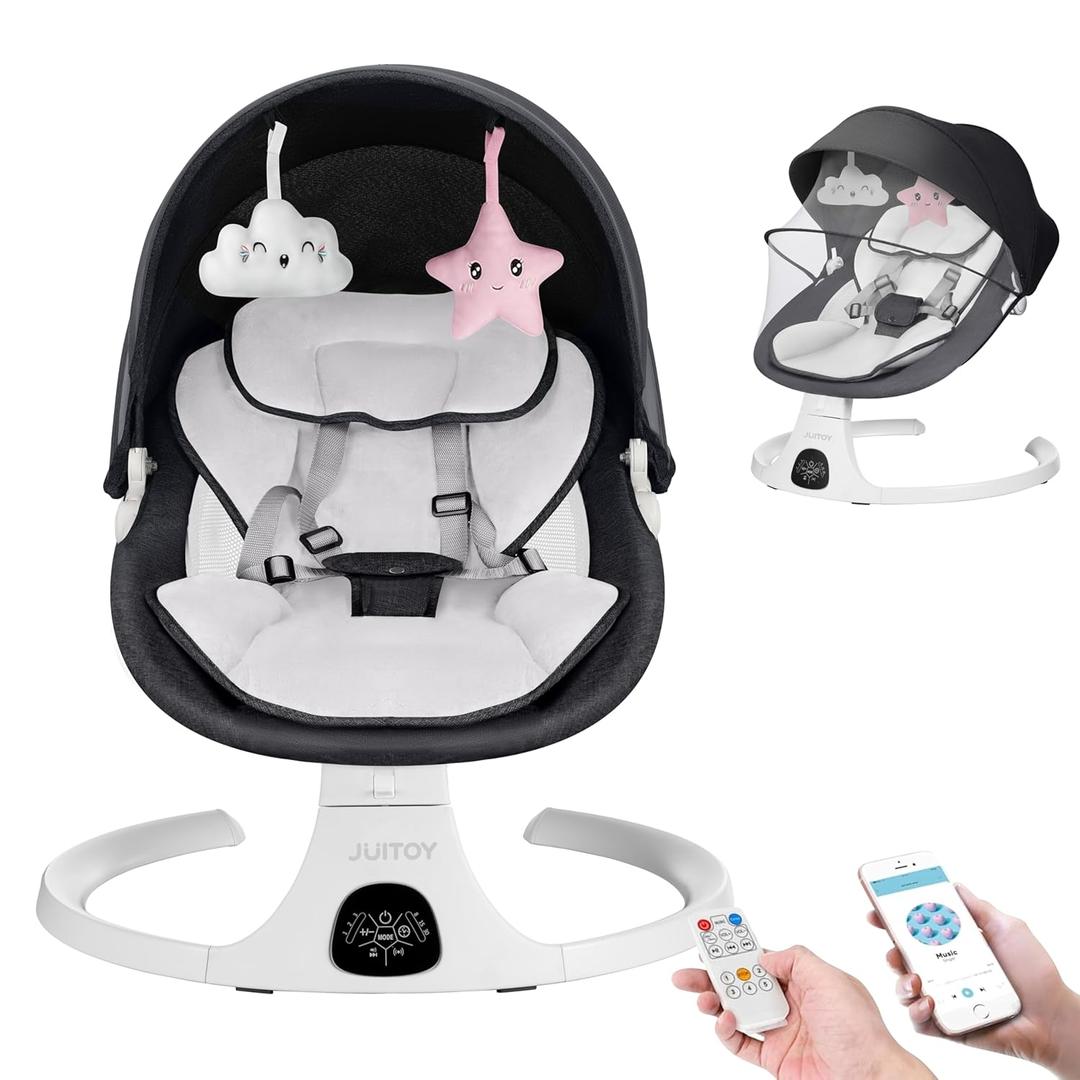 Baby Swing for Infants to Toddler Electric Newborn Swing with 5-Speed 3-Seat Positions 5-Point Carabiner,with Bluetooth Music 10-Preset Melodies, Indoor and Outdoor use (Black)