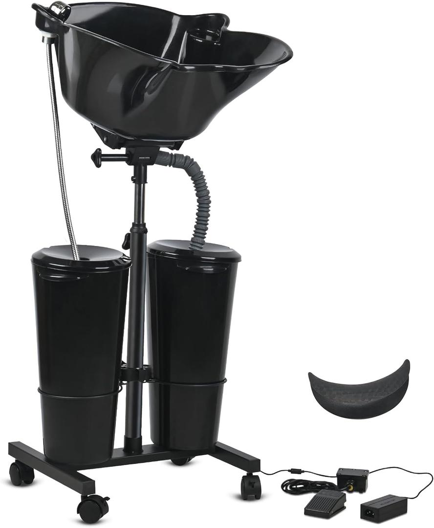 Portable Shampoo Bowl Height Adjustable Hair Washing Station with Electric Pump Dual-Bucket Portable Shampoo Sink with Sprayer for Home Salon Barber Use (Black), 14.8 x 19 inches