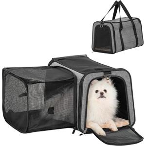 Petsfit 19"X12" X12" Expandable Pet Carrier, Square Expansion Reduces Pet Anxiety, Escape-Proof Self-Locking Zippers, 3 Easy-Access Entrances, for Cats & Small Dogs up to 18 lbs, Gray