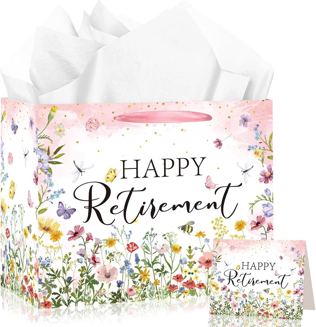 Wildflower Retirement Gift Bag for Women, Retired Gift Bag with Tissue Paper and Card Happy Retirement Gift Wrapping Paper Retired Gifts for Women Farewell Going Away Party Favor Bags Supplies (Light Pink)