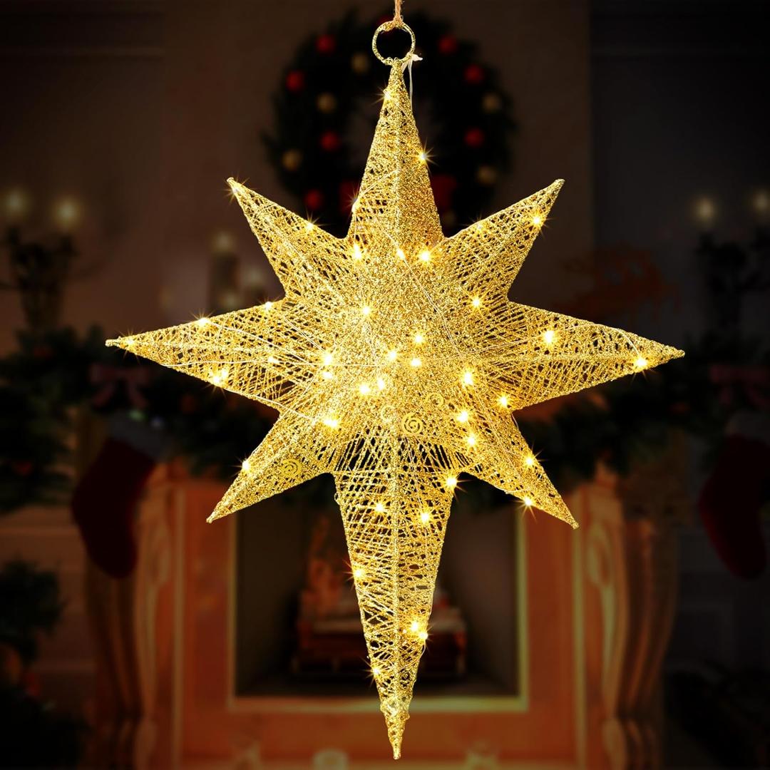 Retisee 20 Inch Prelit Christmas Glitter Bethlehem Star Large LED Outdoor Christmas Lights Powered Hanging Outdoor Lighted Xmas Star for Yard Porch Festival Xmas Holiday Nativity Wedding Party