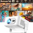 2025 Android 14 Smart Projector 4K & 8K Support, Portable Projector with WiFi 6 and Bluetooth 5.4, Auto Focus & Vertical Keystone, 180Rotatable, Mini Proyector for Outdoor Home HY300Max (White + Silver)