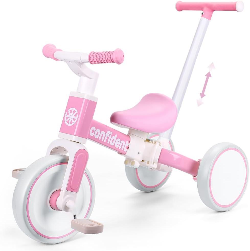 XIAPIA Tricycle for Toddlers 1-3 Year Olds, 5 in 1 Toddler Balance Bike with Removable Pedal, Push Trike Toys with Adjustable Pushrod for 2 3 4 5 Year Old Boys & Girls, Birthday Gifts for Kids (Pink)