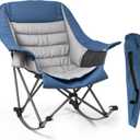 Oversized Heavy Duty Camping Rocking Chair 400lbs, Padded Folding Lawn Rocker with Cup Holder Side Pocket, Portable Wide Seat Outdoor Foldable Chair with Carry Bag for Camp Patio Beach Tailgate, Blue