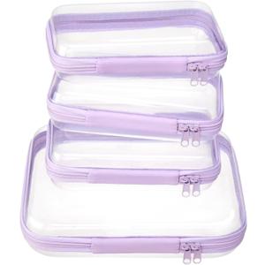 4 Pcs Clear Zipper Pouches,Hard Shell Zipper Case, Toiletry Bag for Travel, CLear Diaper Bag, Toiletry Pouch, Travel Organizer, Cosmetic Bag,Toy Storage Bins (M+3S) (Lavender)