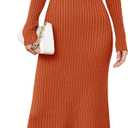 Arach&Cloz 2025 Spring Womens V Neck Long Sleeve Fishtail Sweater Dress Ribbed Knit Slim Fit Bodycon Midi Dress (Orange)