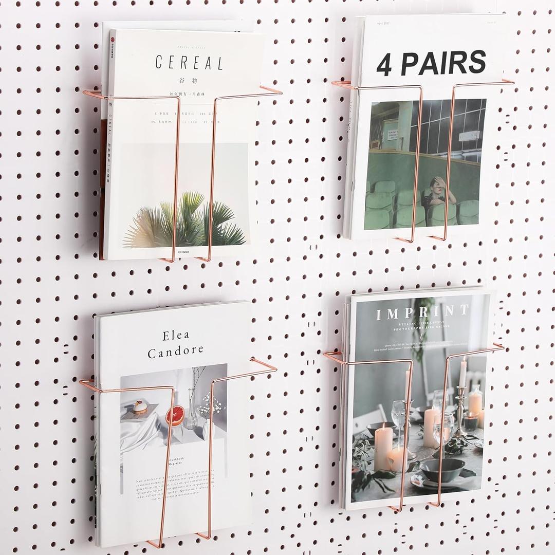 Beeveer 4 Pair Pegboard Display Shelves Expandable Width Metal Magazine Holder Hanging Wall File Organizer Pegboard Accessories Wall Decor for Pantry Exhibitions Trade Show Retail Store (Rose)