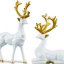 2PCS Carved Elk Statue Resin Ornaments, Christmas Reindeer Fortune Seeking Decoration Modern Retro Art Standing And Sitting Posture, Applicable To Living Room And Bedroom (3D Geometric White)