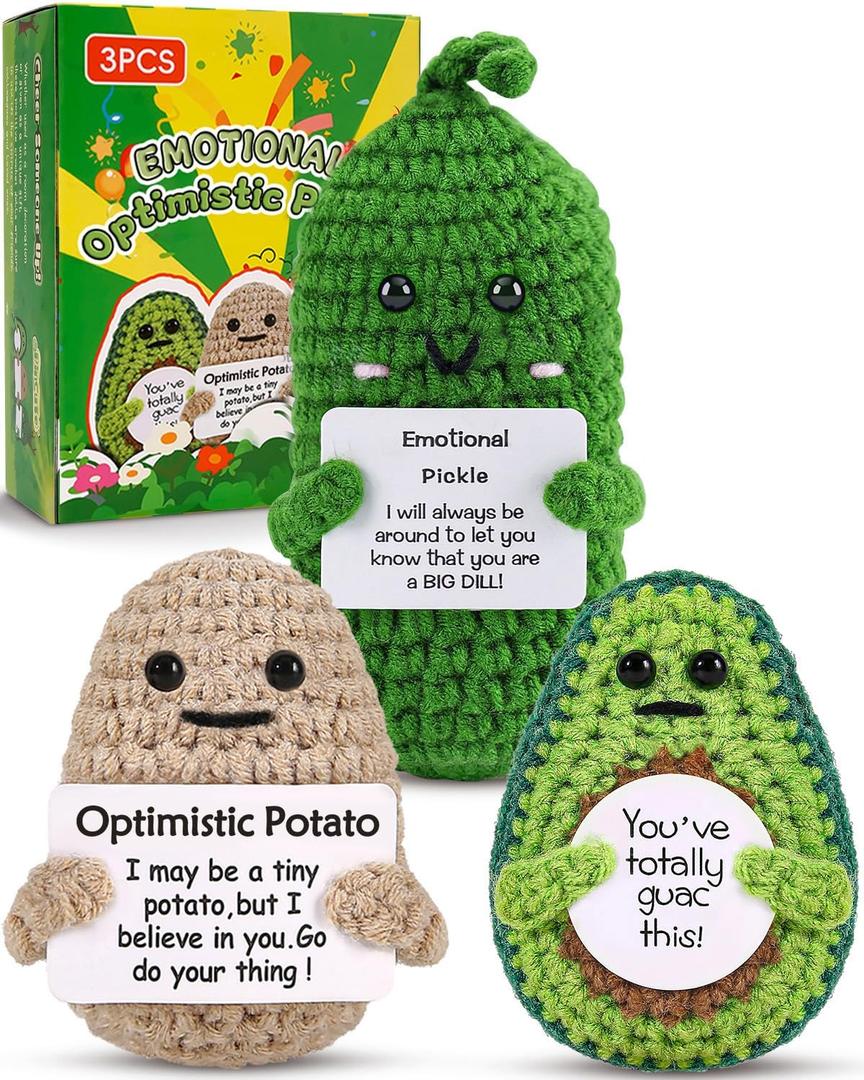 Cute Crochet Christmas Birthday Gifts, Emotional Small Funny Potato Pickle Avocado, Inspirational Support Secrete Santa White Elephant Gag Gift for Her/Him/Mom/Dad/Friend/Coworker, Unique Desk Decor