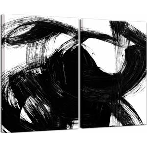 2Pcs Framed Abstract Black and White Canvas Wall Art Minimalist Brushstroke Line Prints Modern Home Gallery Style Painting Posters Picture Bedroom Living Room Office 24x16 Inch Ready to Hang
