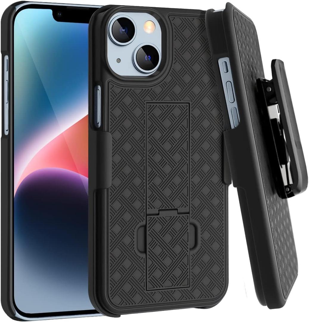 Fingic Compatible with iPhone 14 Case, iPhone 13 Belt Clip Holster Case Slim Combo Shell with Kickstand Swivel Belt Clip Holster Rugged Protective Cover for iPhone 14 5G/13 5G 6.1 inch - Black