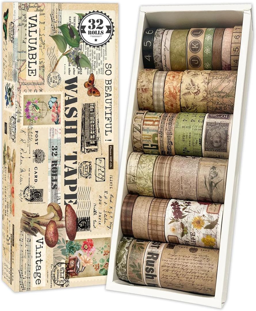 Vintage Washi Tape Set for Scrapbooking & Journaling - 32 Rolls Floral, Cute Decorative Tapes with Assorted Widths, Retro Aesthetic DIY Gift for Bible, Bullet, Junk Journal Supplies (Christmas Tape)
