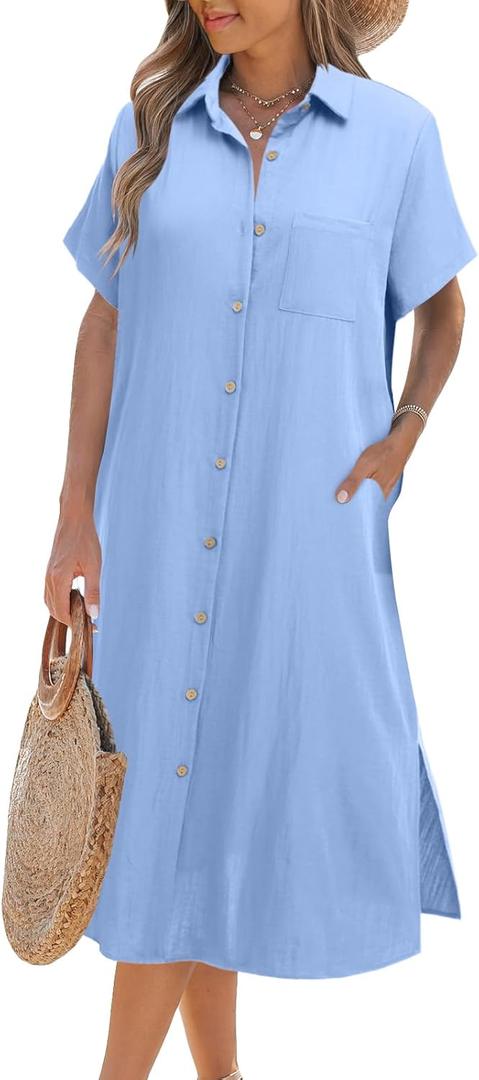 Zeagoo Women Dresses Summer Casual Short Sleeve Button Down Shirt Dresses 2025 Beach Cover Up with Pockets (Large, Light Blue)