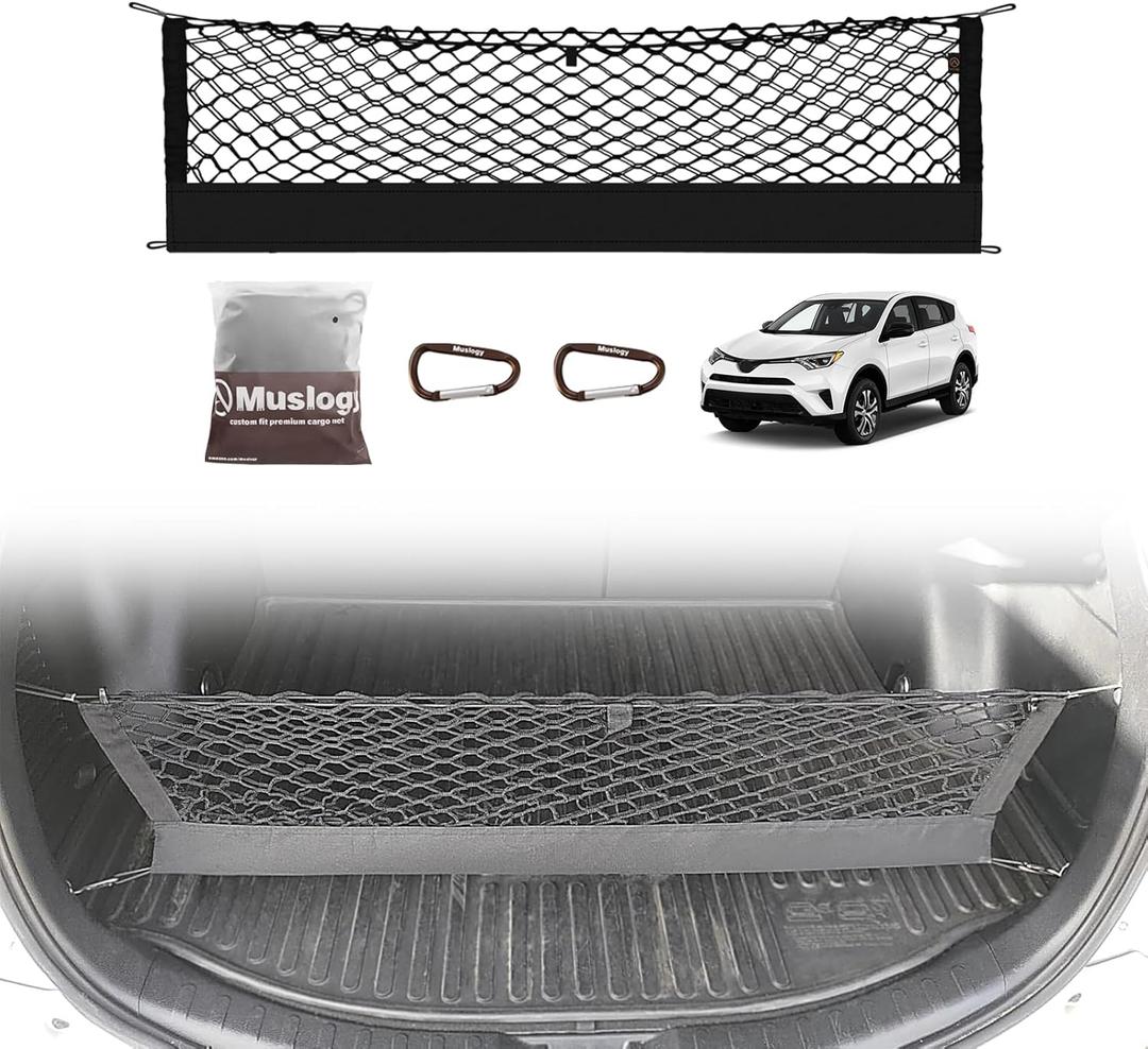 Muslogy Trunk Cargo Net Compatible with Toyota RAV4 2013-2018 Accessories, SUV Sedan Cargo Organizer Storage Net with Heavy Duty Carabiners