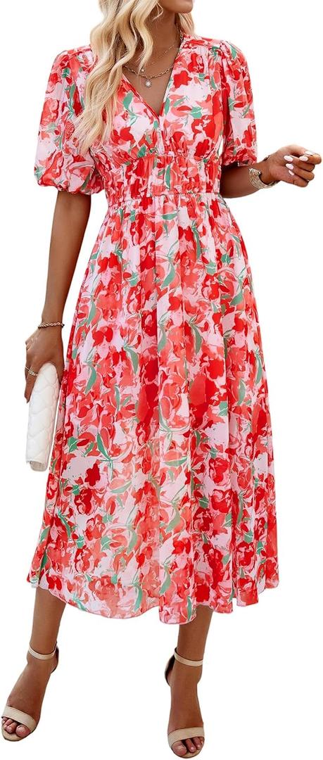 Womens Floral Flowy Wrap V Neck Midi Dress Short Sleeve Elastic Waist Casual Spring Summer Dresses for Women 2025 (S)