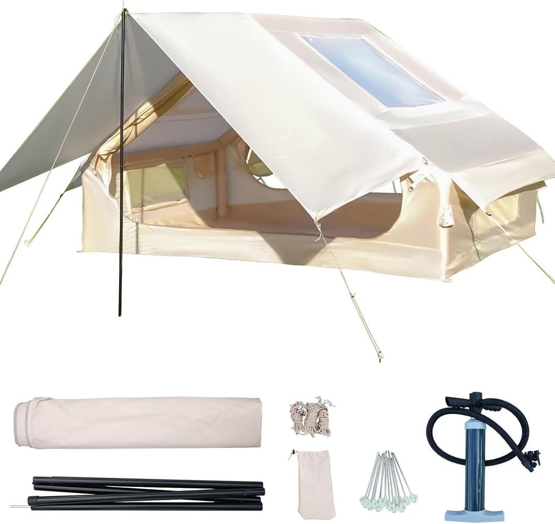 Inflatable Camping Tent with Pump, Upgraded Waterproof Windproof Glamping Blow Up Cabin Tent, Easy Setup 4 Season Air Cabin House with Mesh Windows & Door,4-6 Persons