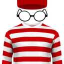 Halloween Costumes, Red and White Striped Shirt, Cosplay Costumes Adult, Halloween Shirt with Glasses Frame and Hat (Red, L)