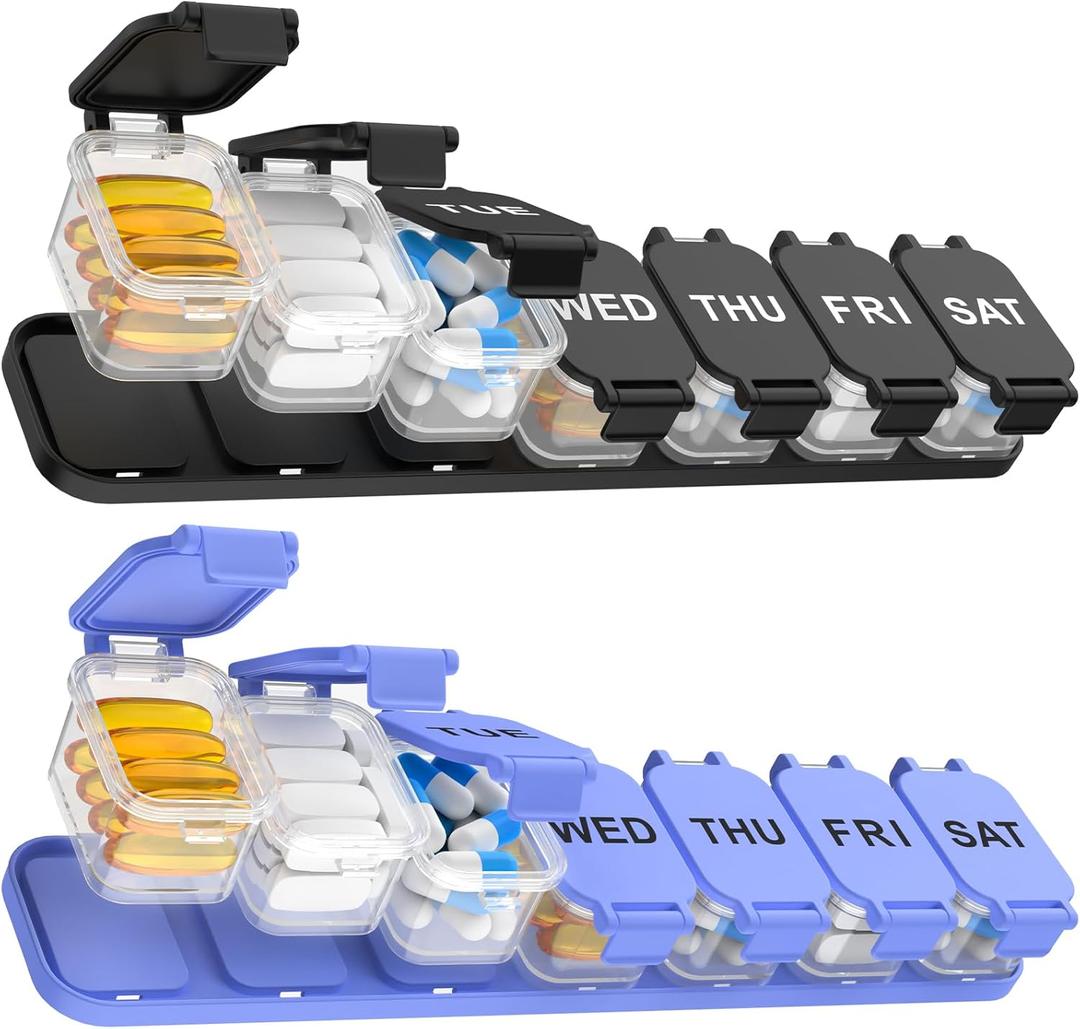 2-Pack Extra Large Weekly Pill Organizer, Travel Pill Box 7 Days, XL Vitamin Holder with 7 Detachable Compartments, Protable Medicine Organizer for Supplements (Purple and Black)