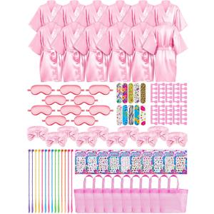 Xuhal 92 Pcs Spa Party Supplies Slumber Party Spa Pretend Play Set with Satin Robes, Headbands and Eye Masks, Sleepover Kit with Gift Bags, Total 10 Sets(Pink,14)